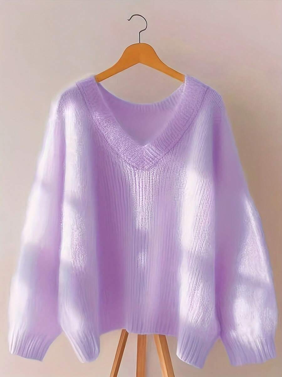 宽松、柔软、甜美、慵懒的针织开衫 - 紫色 - 查看 1