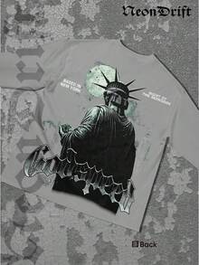 NeonDrift Double-Sided Printing Happy New Year 2026, Christmas, Thanksgiving Gifts-Statue Graphic Long Sleeve T-Shirt: Cyberpunk Style Design For Tech Enthusiasts - Unique Artwork,  Fashion, Perfect For Festivals And Events - 淺灰色 - 查看 3