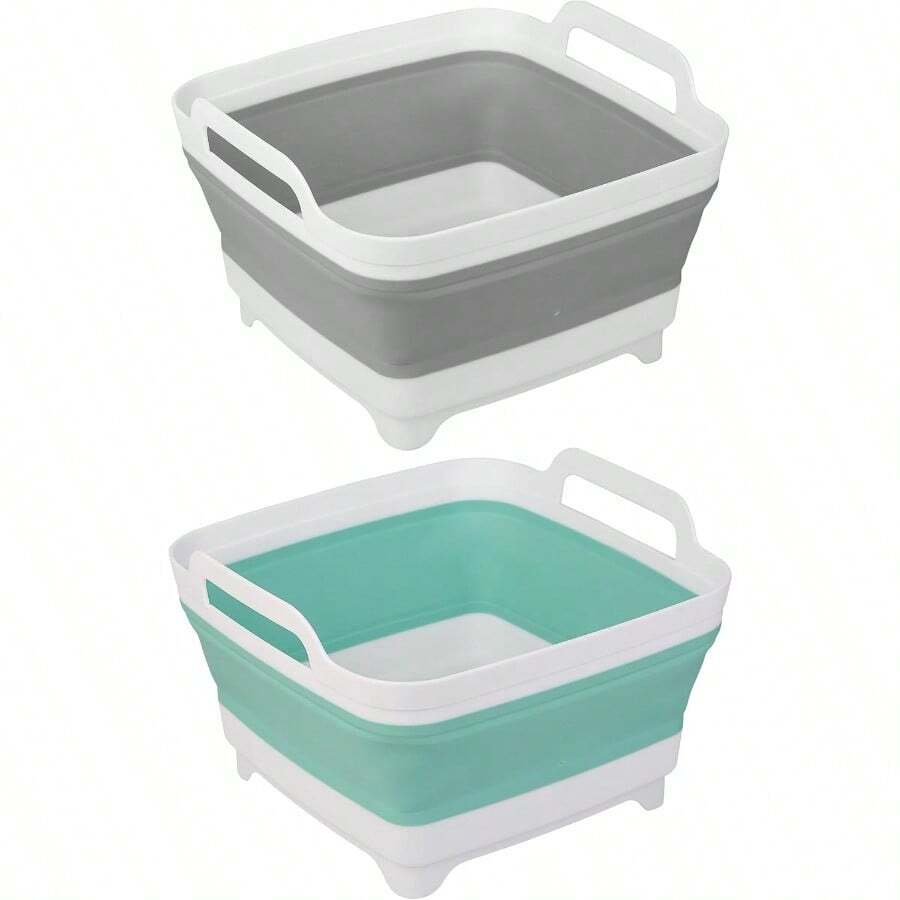 2 Pack Dishpan For Washing Dishes 2.4Gal/9L Wash Basin With Draining Plug Carry Handles Collapsible Bucket For Cleaning Portable Sink Foldable Plastic Tub - 綠色與灰色 - 查看 1