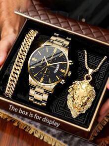 3 Stücke/Set Herren Quarzuhr, Business Lässig Mode Armbanduhr, Löwenkopf Anhänger Halskette Schmuckset