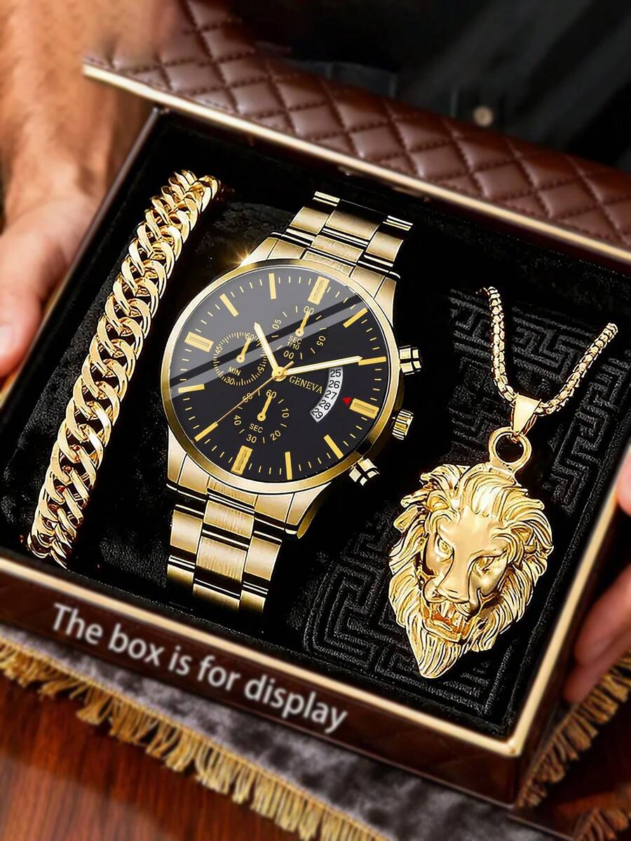 3 Stücke/Set Herren Quarzuhr, Business Lässig Mode Armbanduhr, Löwenkopf Anhänger Halskette Schmuckset
