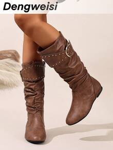 Fall/Winter Brown Pleated Side Zipper Strap Buckle Flat Round Toe Comfortable Casual Elegant Office Daily Commute Versatile Music Festival Street Fashion Mid-Calf Boots For Women - Brown - View 6