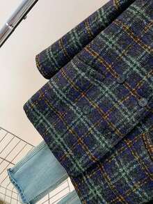 女士宽松格子翻领纽扣休闲长袖外套，带口袋，适合秋、冬、春季穿着。