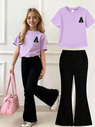 2pcs Tween Girl Letter A Print Short Sleeve T-Shirt And Flare Pants Set, Soft And Machine Washable, Spring/Summer
