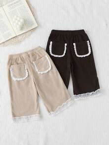 مجموعة بنطلونين للأطفال البنات مريحة بتصميم لون أحادي مع تريم كشكش وجيب فريد من نوعه من القطيفة مناسبة لجميع الفصول - متعدد الألوان - مشاهدة 4
