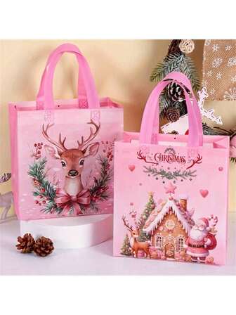 8个粉色圣诞手提袋，带提手，圣诞老人麋鹿铃铛图案，可重复使用礼品袋，购物袋，无纺布袋，派对礼品袋，节日圣诞家居装饰，2025年圣诞礼物，2026年新年包装袋（1/4/8个装）