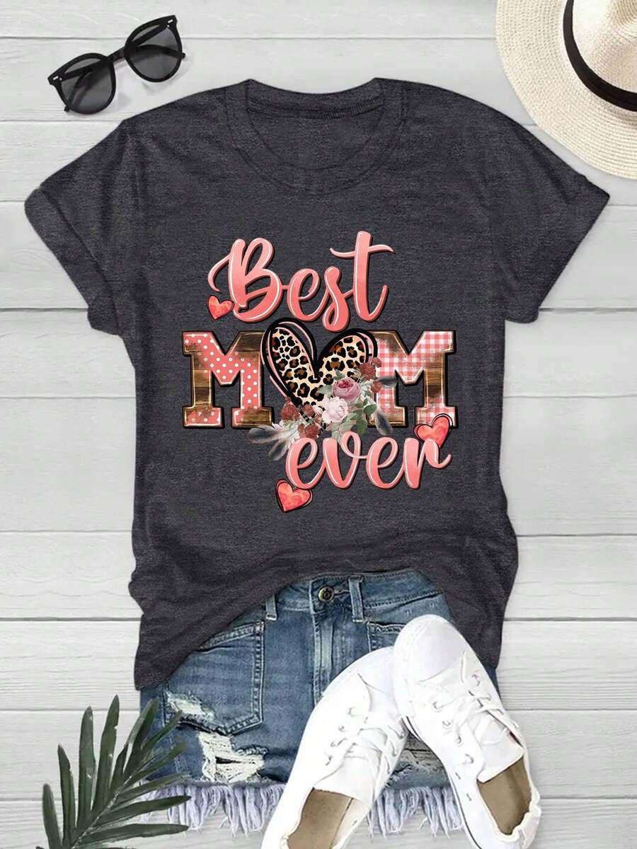 Camiseta Gráfica "Mejor Mamá del Mundo" para Mujer - Top de Cuello Redondo con Estampado de Leopardo y Diseño de Corazón Floral, Manga Corta, Suave y Casual para Primavera & Regalos del Día de la Madre, Camisa Relajada