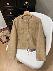 GMFP 女士新年/情人节套装，休闲复古纹理金属单排扣圆领短款金色羊毛抓绒外套，冬季