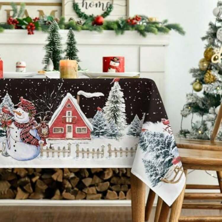 Horaldaily - Mantel de Navidad cuadrado de 60 x 60 pulgadas, muñ de nieve de invierno, casa de árboles de Navidad, color rojo, lavable, para fiesta, picnic, cena, decoración(152.4 x 264.2 cm (Rectangular) Negro) - Tipo31 - Añade 4