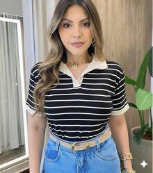 Women's Striped Polo Shirt, Basic Work/Everyday T-Shirt, Viscose/Knit Fabric, Short Sleeves. - Negro - Ver 2