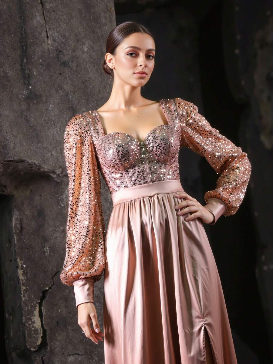 NIKBK 粉色方领亮片连衣裙，泡泡袖缎面蓬蓬裙，正式晚宴礼服 - 香檳色 - 查看 1
