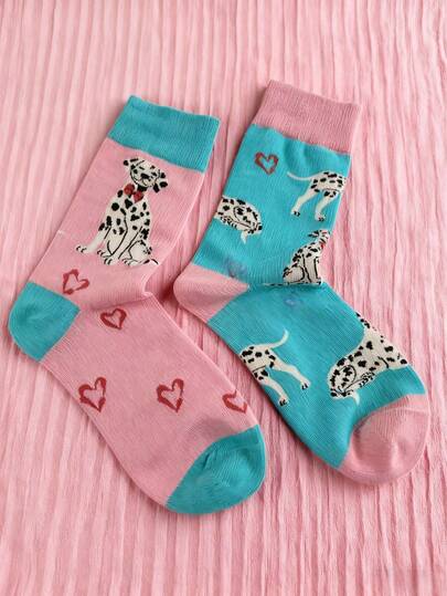 1 Paio di Calzini Carini con Dalmata e Cuori - Blocchi di Colore Rosa e Turchese, Calzini Adorabili con Dalmata e Cuori - Blocchi di Colore Rosa e Turchese