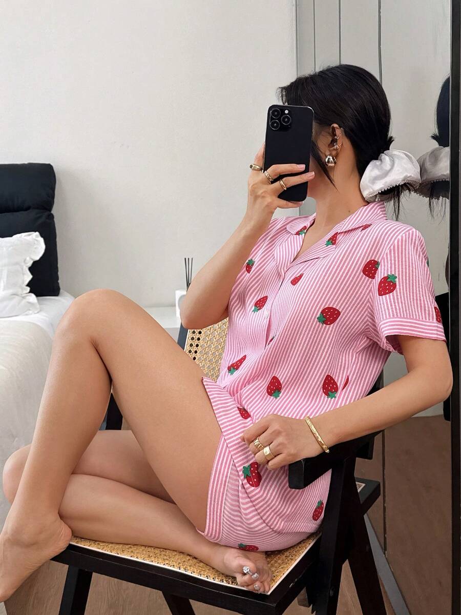 2pcs Women Pajama Set, Striped Strawberry Print Short Sleeve Lapel Collar Pocket Top And Bow Shorts, Ladies Sleepwear Homewear For All Seasons,Valentine's Day - Pink - View 1