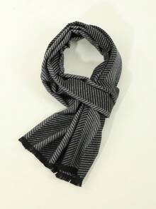 1 Stück Herren lässiger, vielseitiger, modischer kurzer Quasten-Schal mit gestreiftem Karomuster, Schwarz, geeignet für Winterkleidung, tägliche Fahrten und Ausflüge