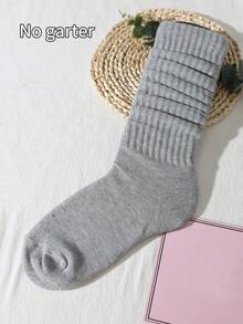 1 Pair Women's Korean Style Spring/Summer Cute Pile Socks, College Style Lolita All-Match/Plain Sport Socks, Solid Color Knee-High Socks (Without Sock Board), Fall Socks - 灰色 - 查看 5
