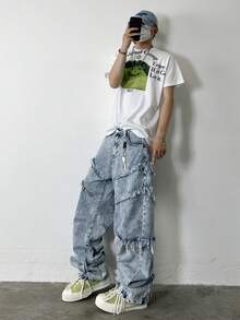 Hearty Haven 1pc American Street Style Patchwork Fashion Wide Leg Pants Loose Comfortable High Street All Season Versatile Denim Jeans - No Belt And Accessories - Blue - View 4