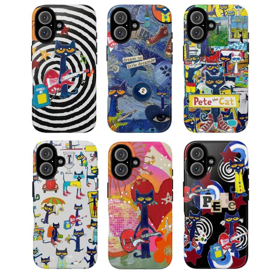 Colorful Retro Cat With Guitar Tough Phone Case, Petee Cat Phonecover – Funky Disco Art Design, Protective Cover - 混色-6 - 查看 1