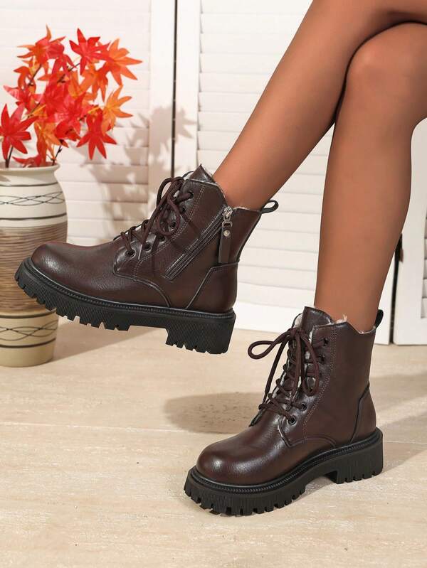 Couple's PU Leather Side Zipper Lace-Up Tall Black Boots, 2025 New Autumn/Winter Vintage Women's Shoes, British Style Short Boots, Women's Thick Sole Boots, Warm Lined Brown Boots