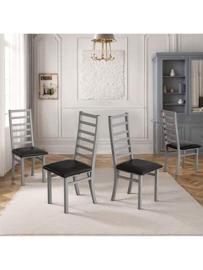 Dining Chairs Set Of 4, Steel Legs PU Leather Seat Kitchen, Living Room, Black, Grijs view 4