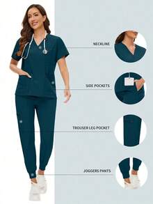 Surgical Uniforms Woman Scrub Set Nurse Beauty Salon Workwear Clinical Scrubs Top Pants Sets Spa Doctor Nursing Clinical Suit - 水鴨藍 - 查看 2