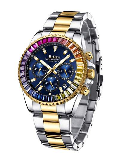 BIDEN Sports Watch, Chronograph, Waterproof Date Simulation Quartz Business Watch,Stainless Steel Strap Klok Comes view 7