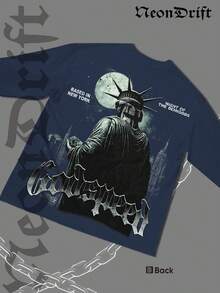 NeonDrift Double-Sided Printing Happy New Year 2026, Christmas, Thanksgiving Gifts-Statue Graphic Long Sleeve T-Shirt: Cyberpunk Style Design For Tech Enthusiasts - Unique Artwork,  Fashion, Perfect For Festivals And Events - Màu xanh hải quân - Xem 3
