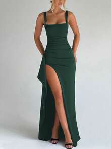 Đầm ôm sát xẻ tà thanh lịch, gợi cảm dành cho nữ, thích hợp cho các bữa tiệc mùa xuân/hè, tiệc chiêu đãi, kỳ nghỉ, váy cưới màu xanh lá cây. - màu xanh đậm - Xem 2