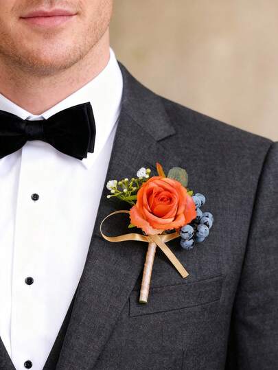 1 Orange Rose Groom's Boutonniere, With Small White Flowers, Blueberry Berry &Golden Ribbon, For Wedding,Graduation Ball,Birthday Party