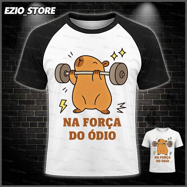 Camiseta Feminina Engraçada "Na Força do Ódio" | Estampa Capivara Fofa Academia | Tamanhos P ao G3 | Blusa treino Roupa de Academia