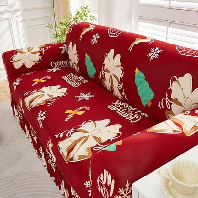1pc Christmas Bell Print Stretch Ruffled Sofa Cover, Soft Material Sofa Slipcover For Living Room, Bedroom, Home Decor