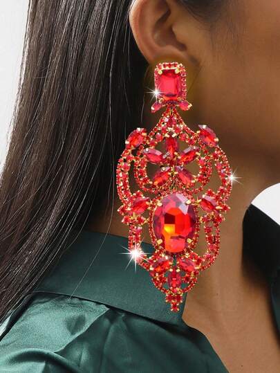 1 Pair Of Luxurious Palace Retro Hollowed Out Carved Exaggerated Rhinestone Earrings, Gorgeous Flower Geometry, Large Crystal Glass Earrings For Women's Valentine's Day Gifts, Party Dress Accessories
