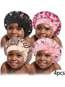 4pcs/Set Printed Children's Bonnet With Long Tail Ribbon, Silky Satin Fashion Sleep Cap, Comfortable & Cute Daily Hair Accessory - Multicolor - View 5