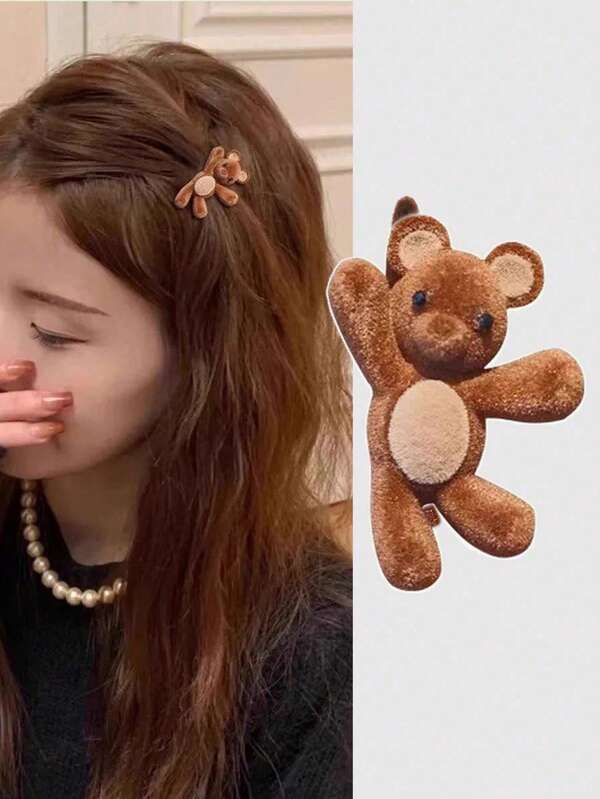 1 Pieza Clip de pelo con diseño de osito lindo, Clip de pelo de terciopelo, Nuevo estilo para mujer, Clip con muesca lateral, Clip de pelo con forma de corazón para niñas, Clip de pelo versátil, Accesorio para el cabello, Pinzas para el cabello, Pasadores para el cabello, Barrettes para el cabello, Artículos escolares