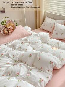 4pcs Floral Bedding Set, Pink Tulip Pattern Printed Duvet Cover With Zipper Closure, Solid Color Flat Sheet, Suitable For All Seasons, Soft And Breathable Bedroom Bedding Set, Feminine Fresh Style, Machine Washable, Decor For Room, Suitable For Valentine's Day, Ramadan (Includes 1 Duvet Cover, 1 Flat Sheet, 2 Pillowcases, No Filler)
