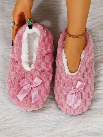 Women's Winter Indoor House Slippers, Fashion Bow Decor, Thermal Lining, Warm & Comfortable Casual Flat Shoes