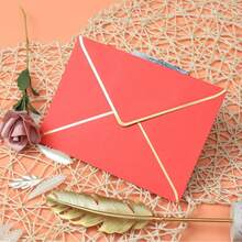 50 Stücke/Packung Rosarote Umschläge + Aufkleber, Rosarotes Perlkartenpapier, Größe A7, Einladungsumschläge mit Goldfolienrändern, geeignet für Hochzeit, Taufe, Weihnachten, Halloween Geschenke, Geburtstagsparty - Rot - Übersicht 7