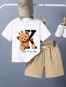 Young Boy Cartoon Print Short Sleeve T-Shirt And Shorts Set - White - View 1