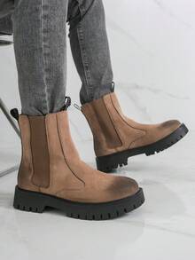 厚底德比靴，时尚靴筒靴，仿麂皮衬里，摩托车靴情侣款，棕色 - 棕色 - 查看 8