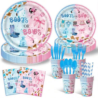 Blue And Pink Denim Washing Boots Or Bow Gender Display Decorations, Pink Seductive Bow Plates And Napkins, Party Supplies Burning Out Or Bow Gender Display Decorations