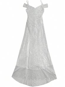无袖亮片吊带开衩褶裥长款连衣裙，适合晚宴、伴娘、婚礼宾客穿着，优雅 - 銀色 - 查看 4