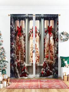 2PCS Christmas-Themed Brushed Fabric Digital Print Curtains, Retro Gorgeous Style Design With Red Bow Snow Pine Forest Window Scene, Rod Pocket Installation, Semi-Transparent Polyester Fiber Material, Suitable For Living Room, Kitchen, Bedroom, Dining Room, Filling Your Home With Festive Atmosphere