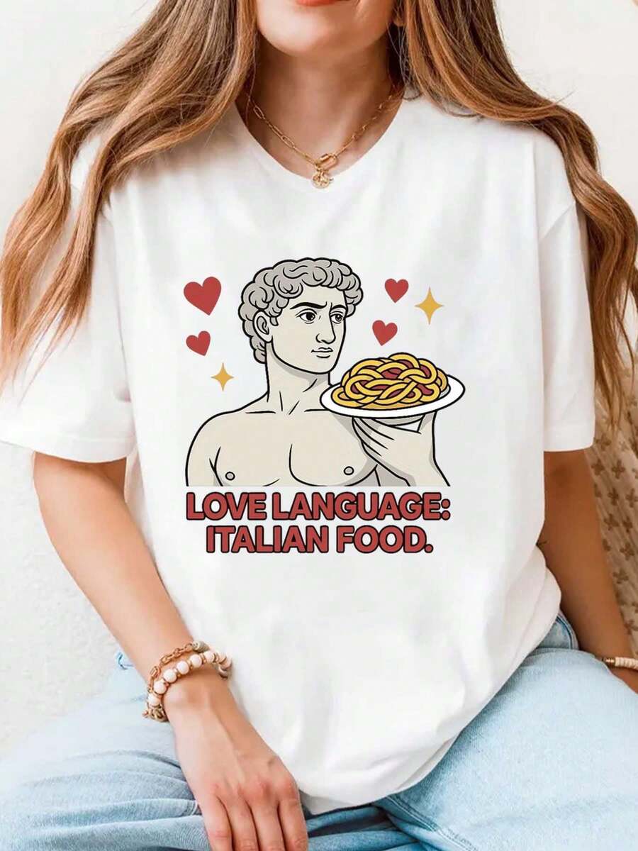 Women Short Sleeve Love Language Italian Food Statue Print T Shirt Casual Everyday Wear Comfortable Fabric Perfect Gift 220g - 白色 - 查看 1