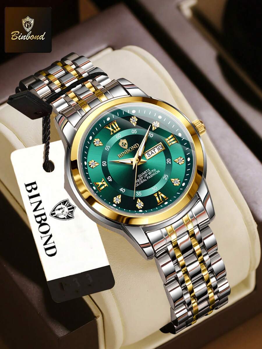 Đồng hồ đeo tay thể thao BINBOND B7169 thời trang cao cấp dành cho nữ doanh nhân, đồng hồ thạch anh, chống nước 30M, có lịch tuần, ngày tháng - màu xanh lá - Xem 1