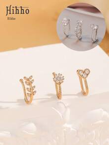 Hihho 3 件/套 流行水钻叶子和心形装饰鼻套 铜色 简约时尚 适合女士和女孩 情人节