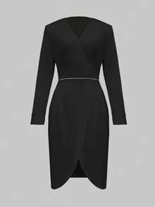 Women's Solid Color V-Neck Slit Hem Long Sleeve Dress