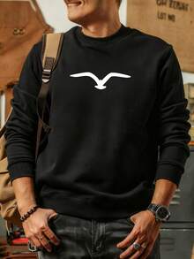 Men Winter Wear Sweatshirt Crewneck Hoodie with Seagull Design Fleece Material Suitable for Autumn Winter Holiday Gift Y2K Style - Negro - Ver 2