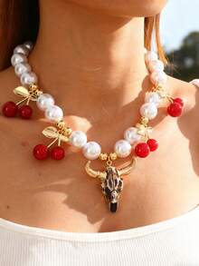 This Punk Western-Style Multi-Color Alloy Bull Head Faux Pearl Asymmetric Beaded Cherry Bead Necklace Is Designed For Women, Suitable For Outdoor Adventures, Shopping, And Daily Wear. This Eye-Catching, Distinctive Gold Accessory Is An Excellent Birthday Gift For Friends.