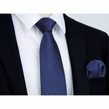 Ties Men Silk Long Tie And Pocket Square Classic Plaid Checkered 63 Inches Men's Neckties Business - X-Lớn + A2-Xanh nước biển 1 - Xem 3