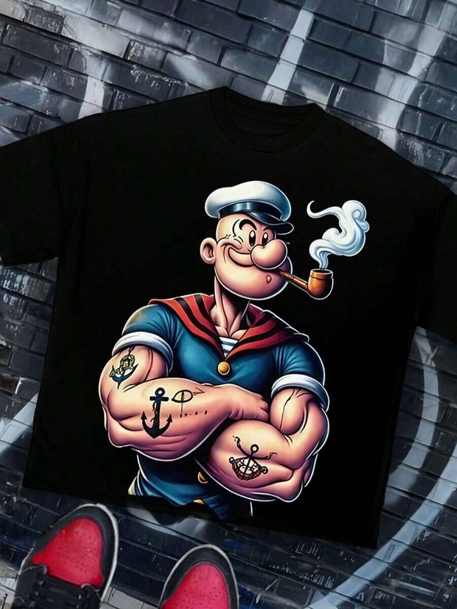 Camiseta de Hombre Casual Minimalista con Estampado de Popeyes, Cuello Redondo, Manga Corta, 100% Algodón, Transpirable y Cómoda, ¡Elección de Athleisure! - Negro - Ver 1