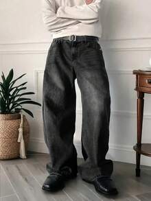 1pc Loose Washed Denim Casual Pants, Y2K Retro Style Men's Black Vintage Washed Loose Pants, Oversized, Stacked - 黑色 - 查看 5